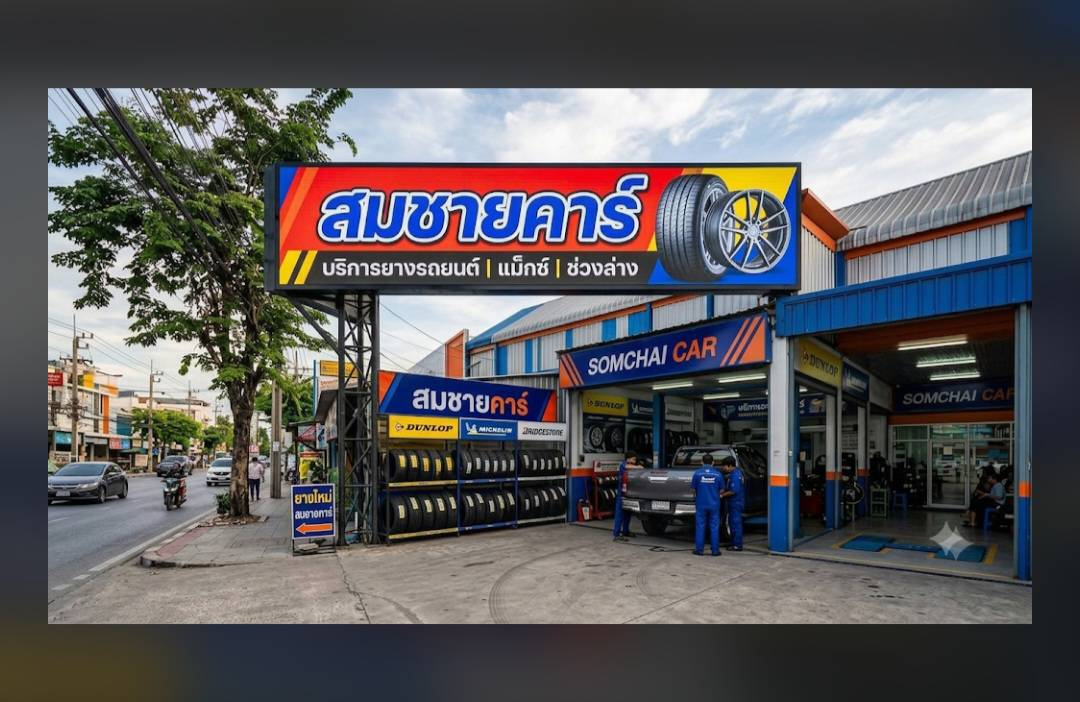 หน้าร้านสมชายคาร์ อะไหล่รถยนต์และยางรถยนต์ ซอยลาดพร้าว 80 กรุงเทพฯ